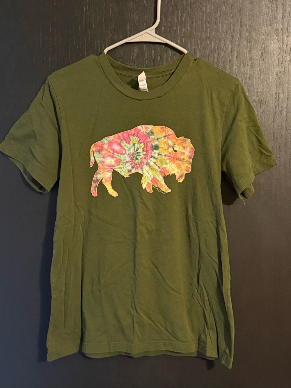 Olive Green T-Shirt with Tie-Dye Buffalo Graphic